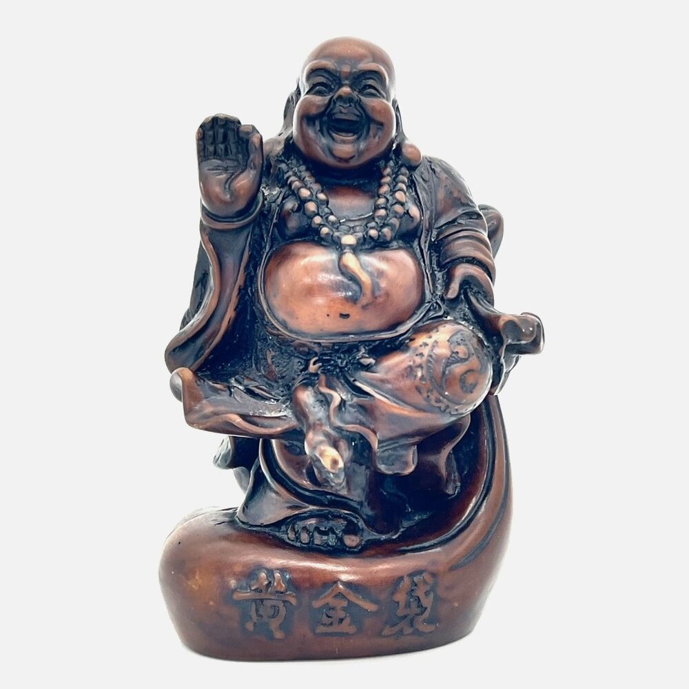 Laughing Buddha Figurine 6" Carved Solid Wood Dark Stain Chinese Script 1.5 lbs